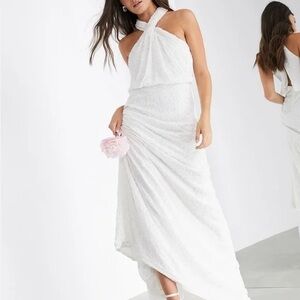 ASOS White Ruched Asymmetrical Halter Dress